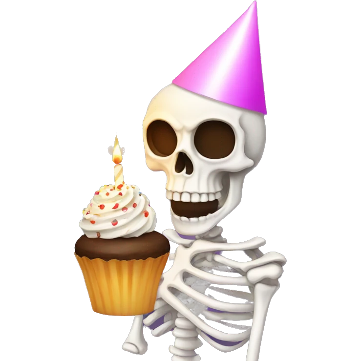 Skeleton wearing birthday hat while holding a cupcake with a lit candle emoji