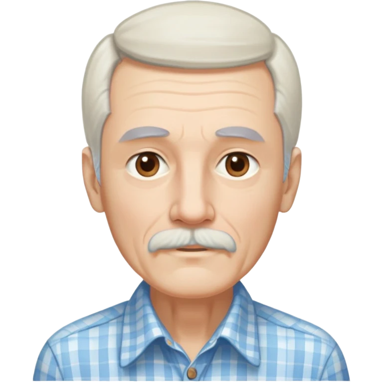 Skinny man in his 70s with fair skin. Long narrow face. Gentle light brown eyes. Fine straight white hair with light bangs, hair length extends below the ears. Thin eyebrows. White goatee connected to mustache. Slender appearance. Wearing a light blue and beige checkered button-up shirt. emoji