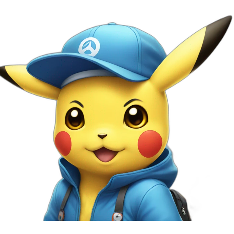 pikachu in blue train station suit wearing blue cap with pokemon symbol in the middle emoji