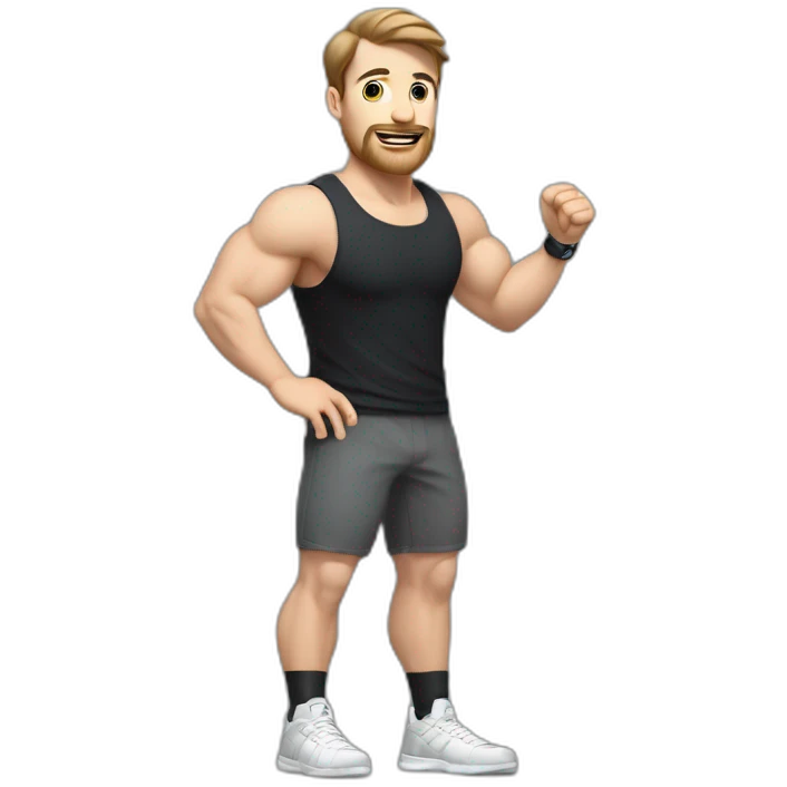 Full height Actively gesturing with hands Pale skinned Fit Man With the biceps and brown hair in dark gray Sleeveless Mike, black oversize sports shorts, watch and white Sneakers emoji