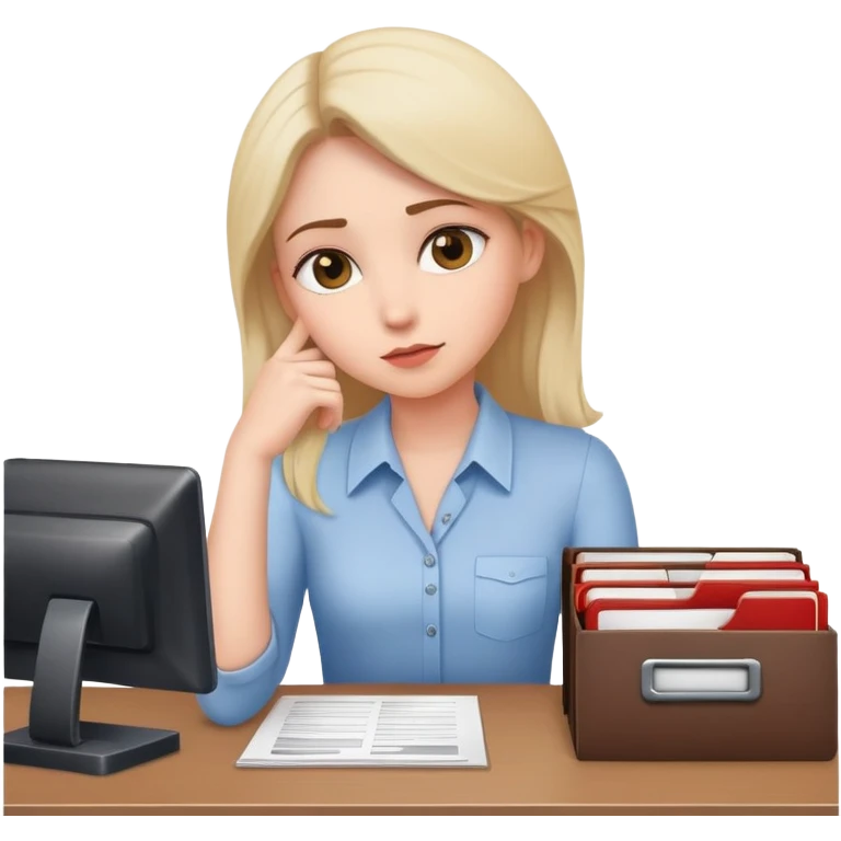 a female making decision on the desk with files emoji