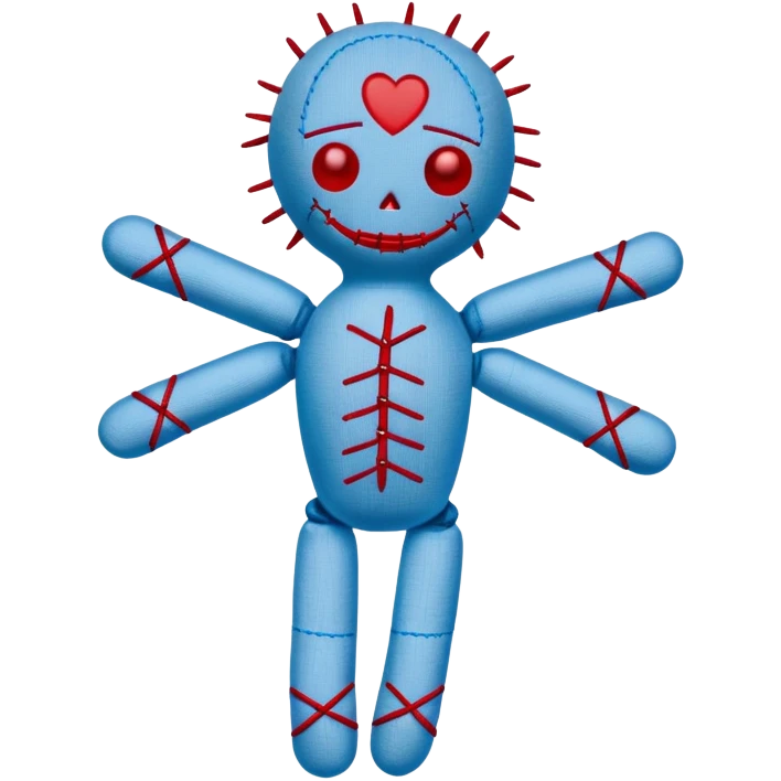 A voodoo doll made of fabric with Carolina blue (light blue) body and red stitches, with pins stuck in it emoji