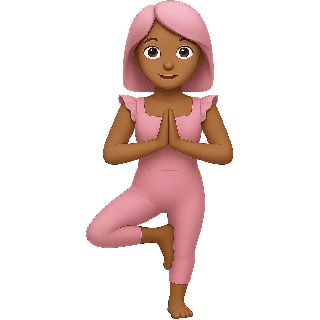 A girl standing in a yoga pose in a pink bodysuit with a square neckline and ruffled cap sleeves, apple style emoji emoji