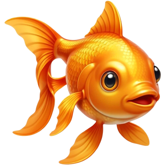 Cinematic Cute Orange Goldfish Portrait Emoji, Head tilted playfully and inquisitively, featuring a glossy, vibrant orange body with delicate, flowing fins, round, sparkling golden eyes filled with curiosity, Simplified yet irresistibly adorable features, highly detailed, glowing with a warm, friendly glow, high shine, affectionate and lively, stylized with a touch of whimsy, bright and endearing, soft glowing outline, capturing the essence of a mischievous yet loving goldfish, so playful it feels like it could swim out of the screen and into your heart! emoji