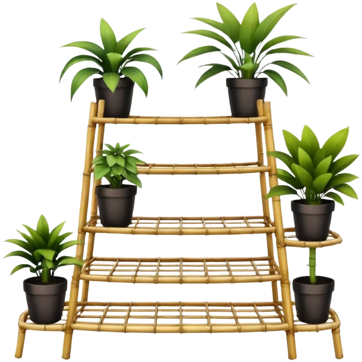 Large curved multi-tier plant rack constructed from thin bamboo poles  emoji