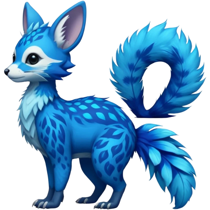 Feral Rare Fantasy vibrant tropical cobalt-blue and cyan Vernid-Trico-species-creature by LiLaiRa, random markings, tufted tail, tufted ears, full body emoji