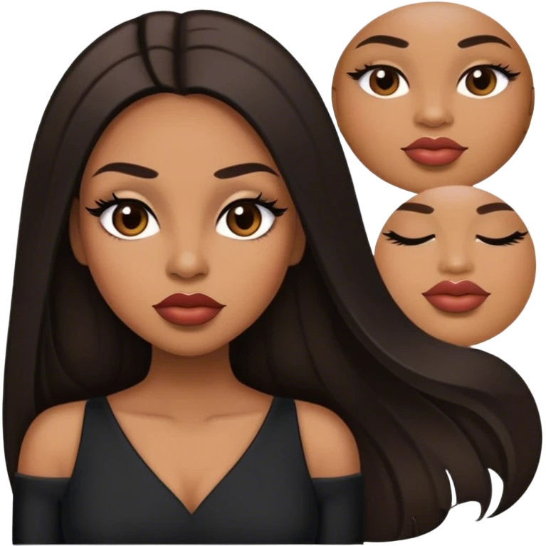 light brown skin tone, very beautiful woman, with big plump lips, long long lashes, black straight long hair, middle hair parting, brown eyes, black dress, emoji