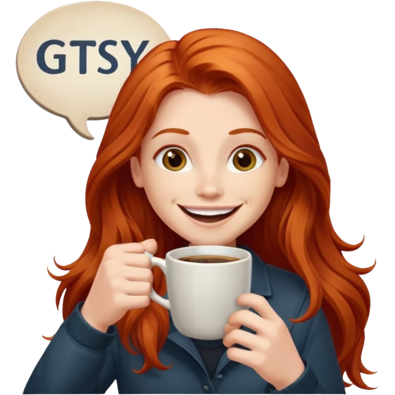 Excited long haired redhead drinking coffee with a sign in front saying GTSY emoji