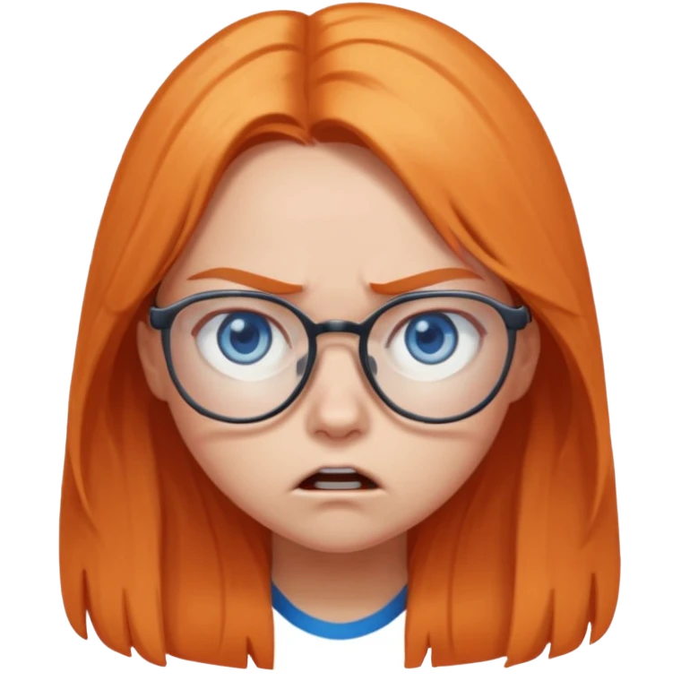 a girl with blue eyes, glasses and light orange long hair angry emoji
