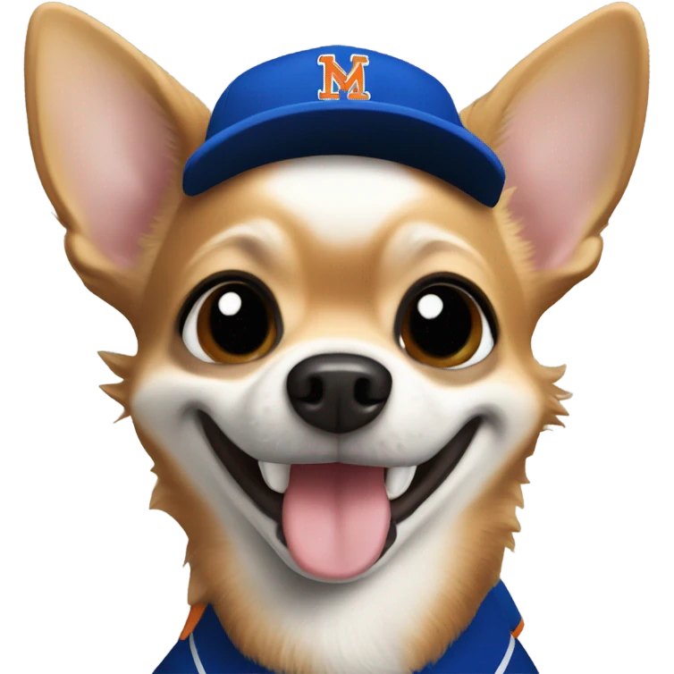 Chihuahua with a huge smile with a Black Mets uniform  emoji
