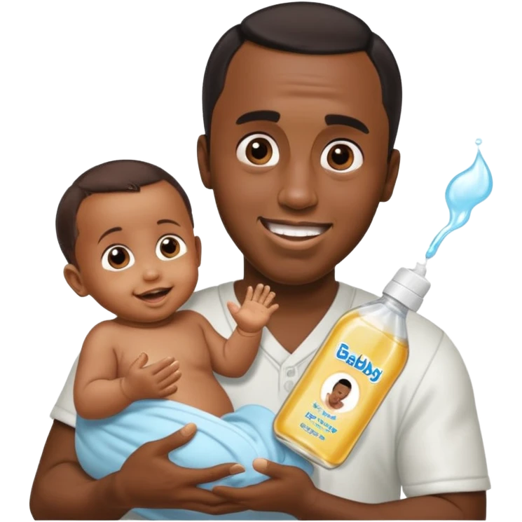 Sean “Diddy” Combs with baby oil and a very small infant and he’s pouring the baby oil on the baby and they have a scared face they’re really scared while diddy is happy emoji