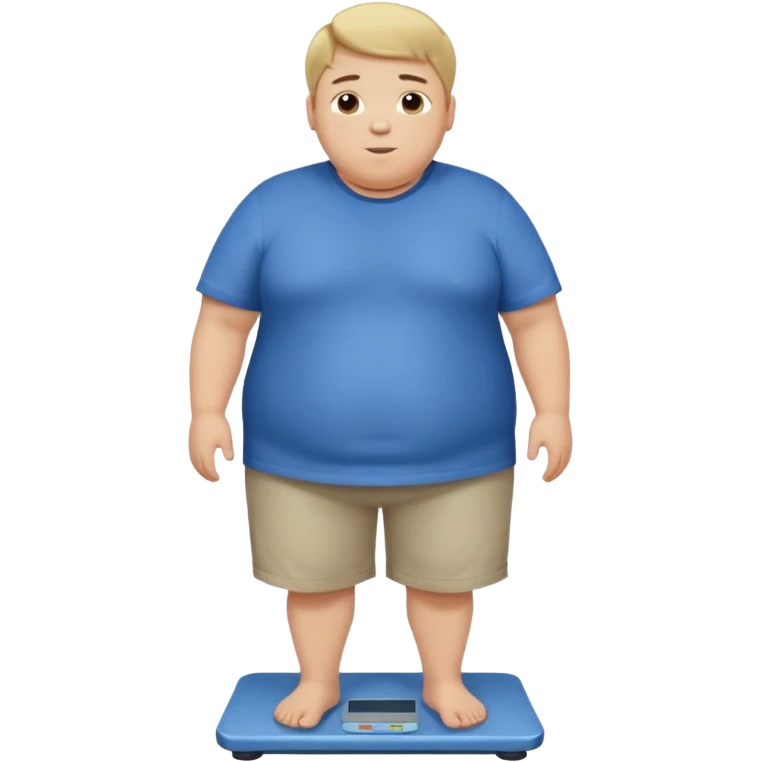 A young slightly overweight male with short dark-blonde hair, medium-light skin, and a relieved facial expression. He stands on a scale, visibly noticing he has lost weight. He wears blue cloth. His posture shows a mix of surprise and relief, with relaxed shoulders and a gentle smile. emoji