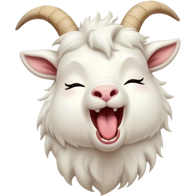 Cinematic Cute Yawning White Goat Portrait Emoji, Head tilted slightly with a dramatic, wide-open yawn, showcasing a soft, downy white fur with delicate horns and gently drooping ears, round eyes barely open in drowsy contentment, Simplified yet irresistibly adorable features, highly detailed, glowing with a soft, cozy glow, high shine, relaxed yet expressive, stylized with a touch of whimsy, bright and endearing, soft glowing outline, capturing the essence of a sleepy yet affectionate goat, so drowsy it feels like it could stretch out of the screen and curl up for a nap! emoji