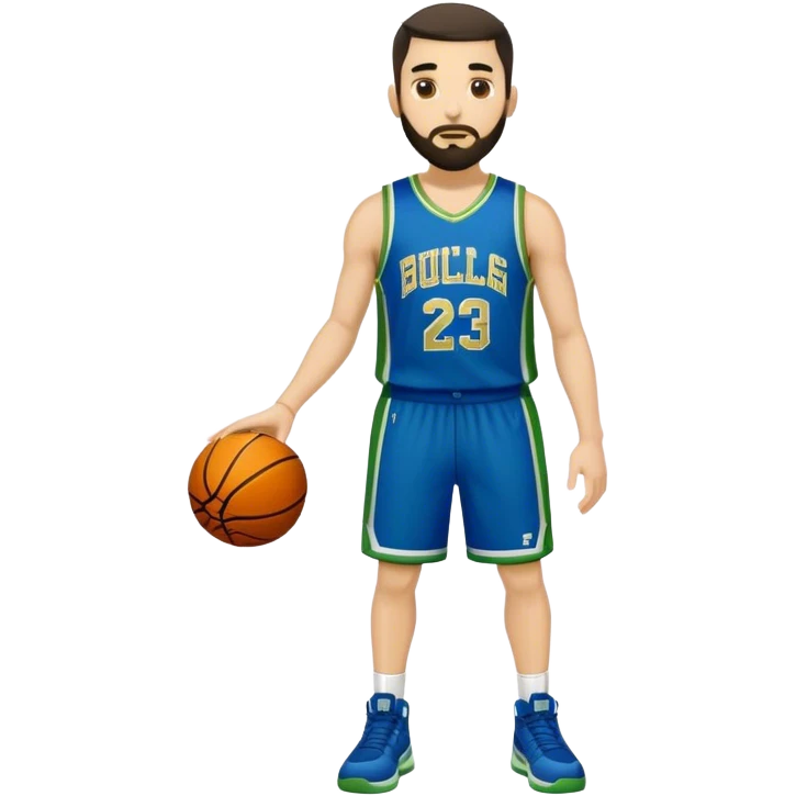 Full Body  white male basketball player with short dark hair and gold tee beard wearing blue and green uniform emoji