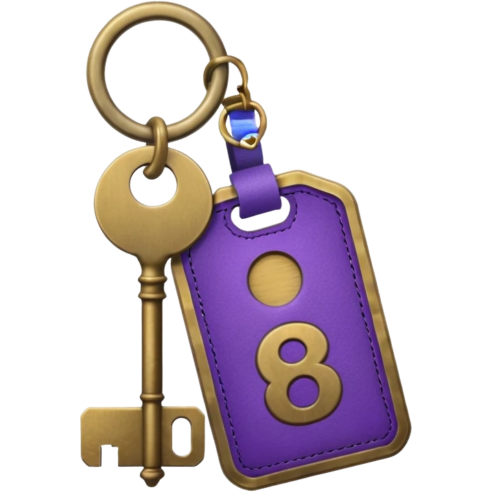 antique brass hotel key with large purple leather room number tag emoji