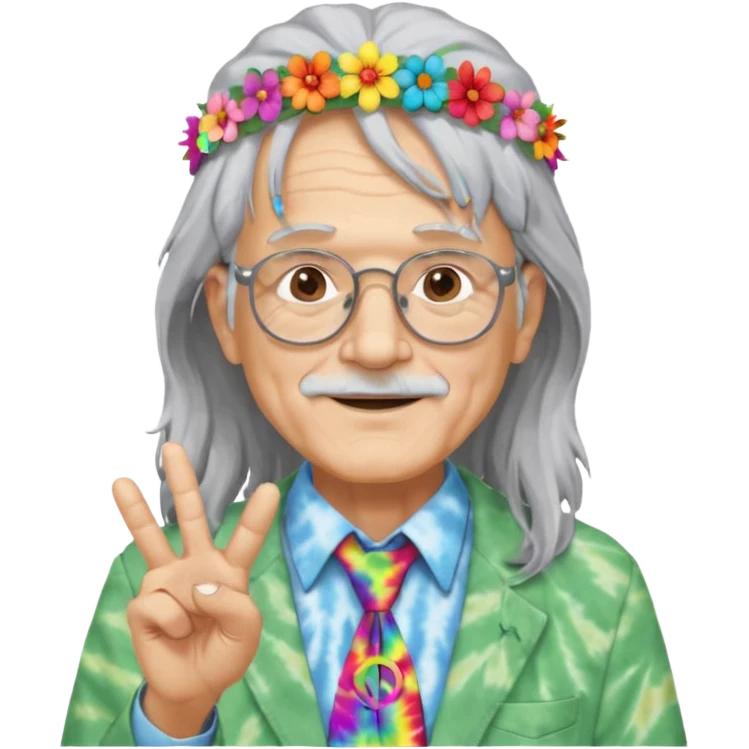 elderly man with long grey hair, glasses, peace sign necklace, tie-dye clothing, flower crown emoji