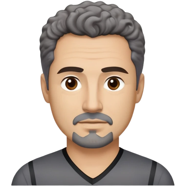 Man in his early 50s with tan complexion. Strong square jawline. Dark brown eyes with focused expression. Thick eyebrows. Black goatee with subtle gray hairs. Short curly dark hair with slight receding hairline. Slight confident smile. Wearing a black V-neck shirt with gray stripes. emoji