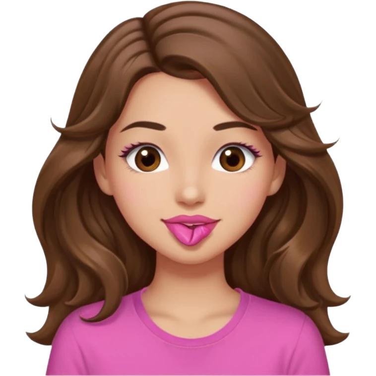 girl with long wavy brown hair, brown eyes, light to medium complexion, in a pink shirt, pink lips, long lashes, puckering up for a kiss, kiss lips emoji