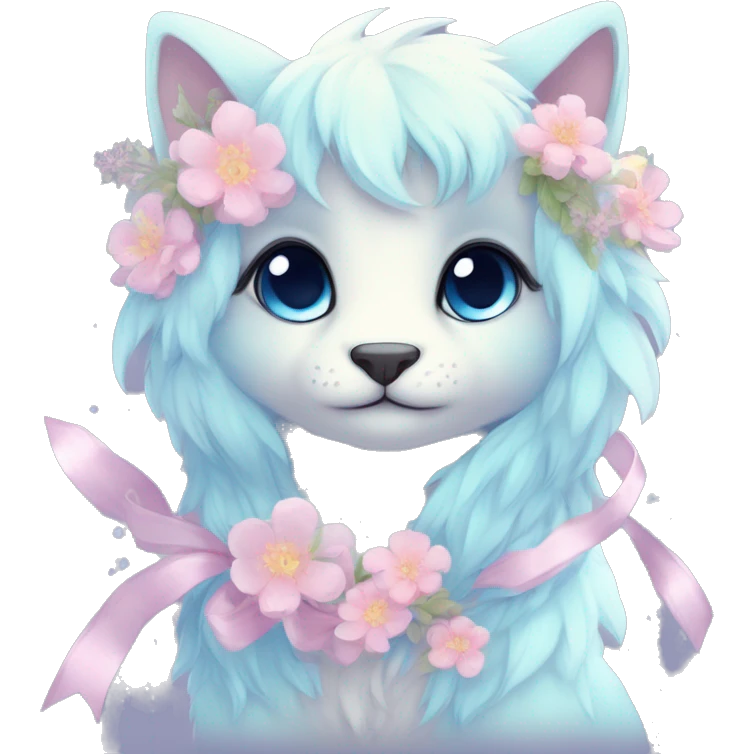 Anthro Cute Cool Blushing Pastel Innocent Shy Kawaii gorgeous sparkly ethereal fantasy animal creature with blue eyes furry sona with flowers and ribbons beautiful aesthetic emoji