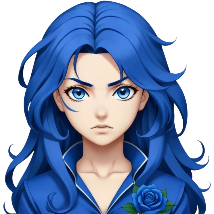 head portrait of anime girl with long dark blue hair, blue rose in hair, fierce blue eyes, extremely intense JoJo's Bizarre Adventure style expression, dramatic angle, bold outlines, strong shading emoji