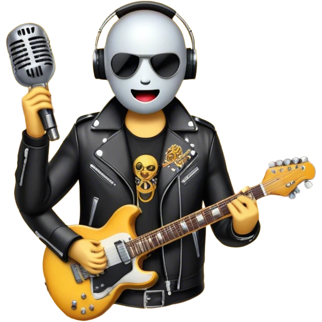 Create a bold and energetic emoji representing rock vocal performance, using a humanless collage. The design should feature a classic vintage microphone as the central element, surrounded by electric guitars, amplifiers, and musical notes that suggest the powerful sound of rock music. Add elements like a leather jacket, electric sparks, and soundwaves to evoke the raw energy and rebellious spirit of rock. Use strong, dynamic colors like black, red, silver, and electric blue to reflect the intensity of rock music. The background should be transparent. emoji