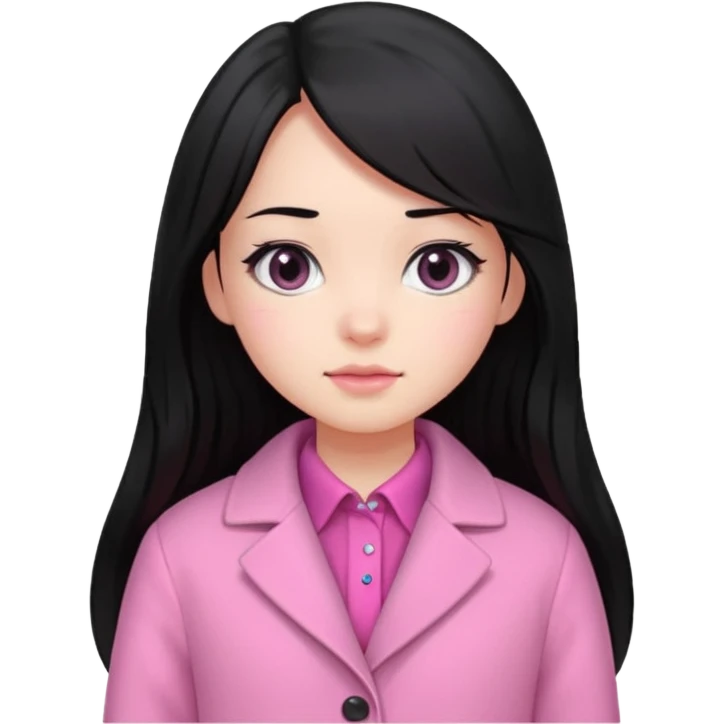 A cute girl, long black hair with 🎀, black eyes, wearing a pink coat and a pink shirt inside  emoji
