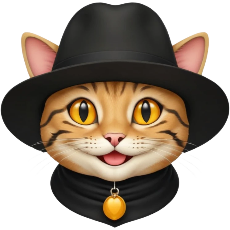 chat de couleur noir portant un chapeau avec un grand sourire emoji