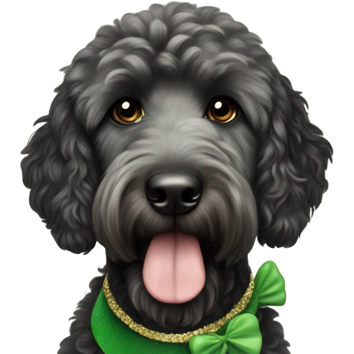 Black goldendoodle dog with st Patrick’s day headband emoji