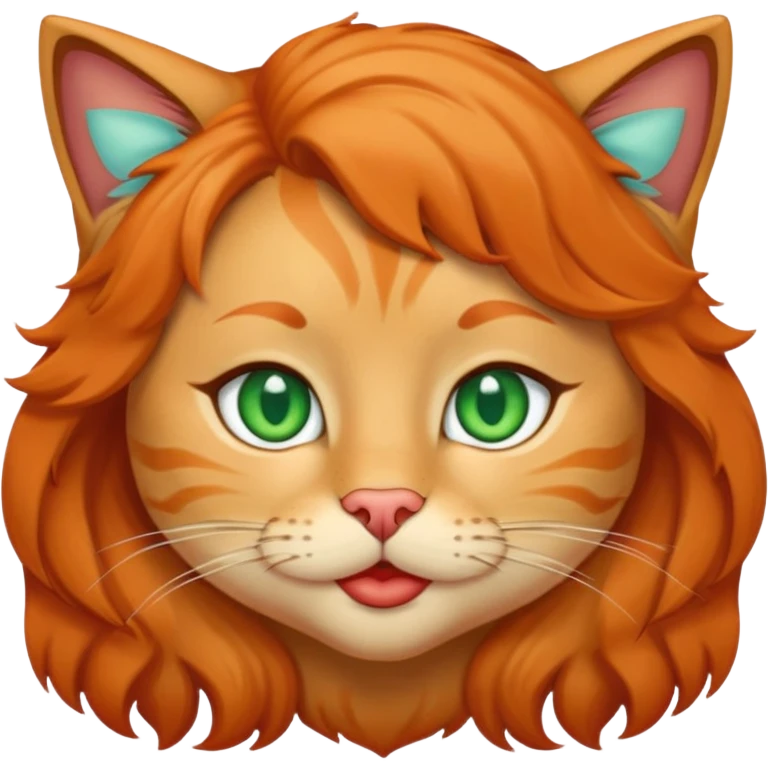 Light-brown wavy hairs, green-blue eyes, light olive skin, red plump lips, orange cat emoji