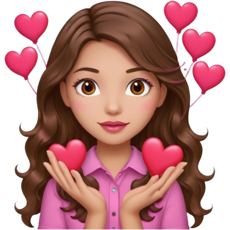 girl with long wavy brown hair, brown eyes, light to medium complexion, in a pink shirt, pink lips, long lashes, many  hearts in hand emoji