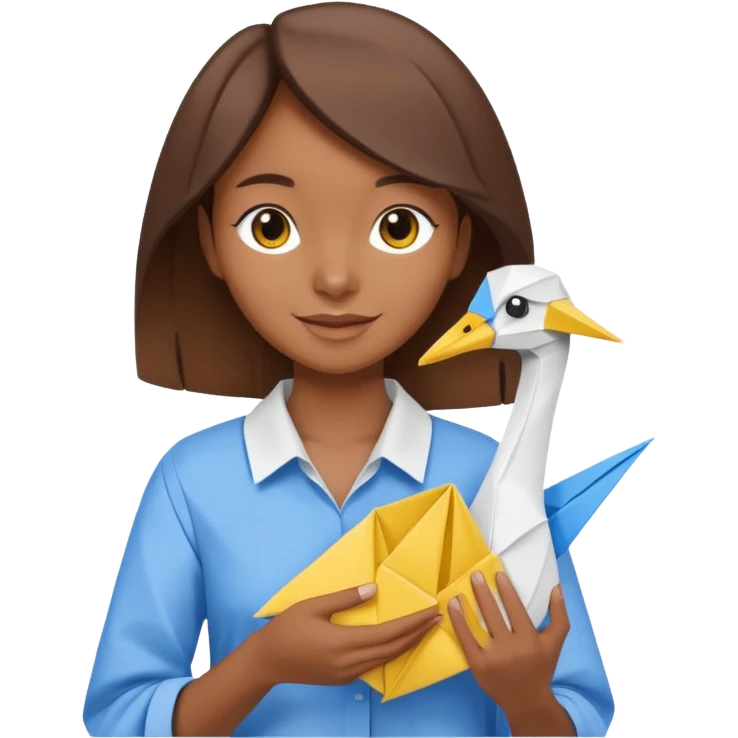 happy-african-young-girl-with-brown-hair-in-a-white-kanga-shirt-holds-an-origami-yellow-and-blue-crane emoji