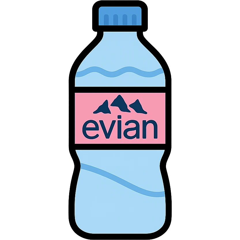 Evian water bottle, minimal flat icon, blue and pink label, simple shapes, white background emoji