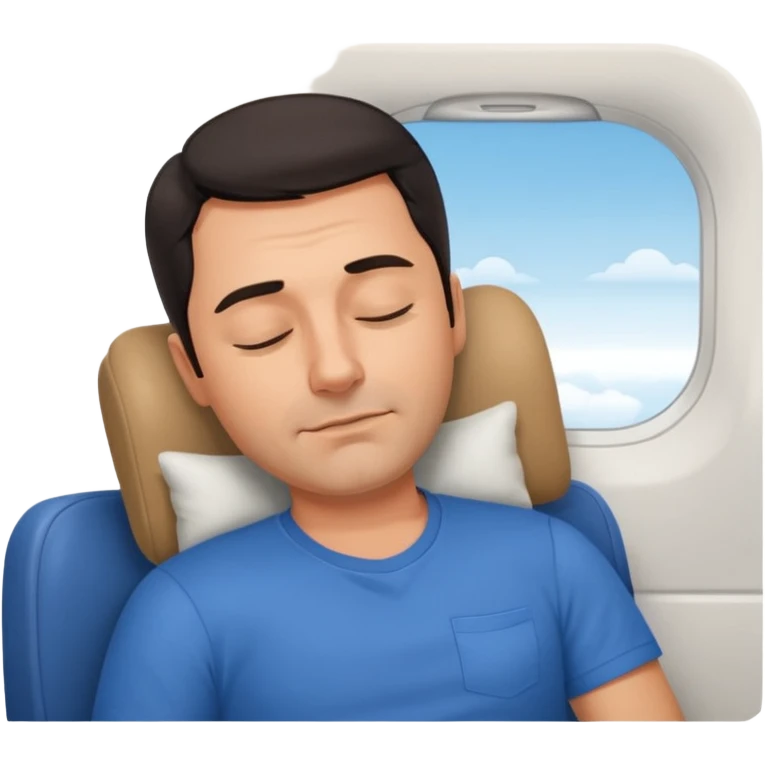 A handsome 45 year old man with dark hair sleeping blissfully on an international flight. emoji