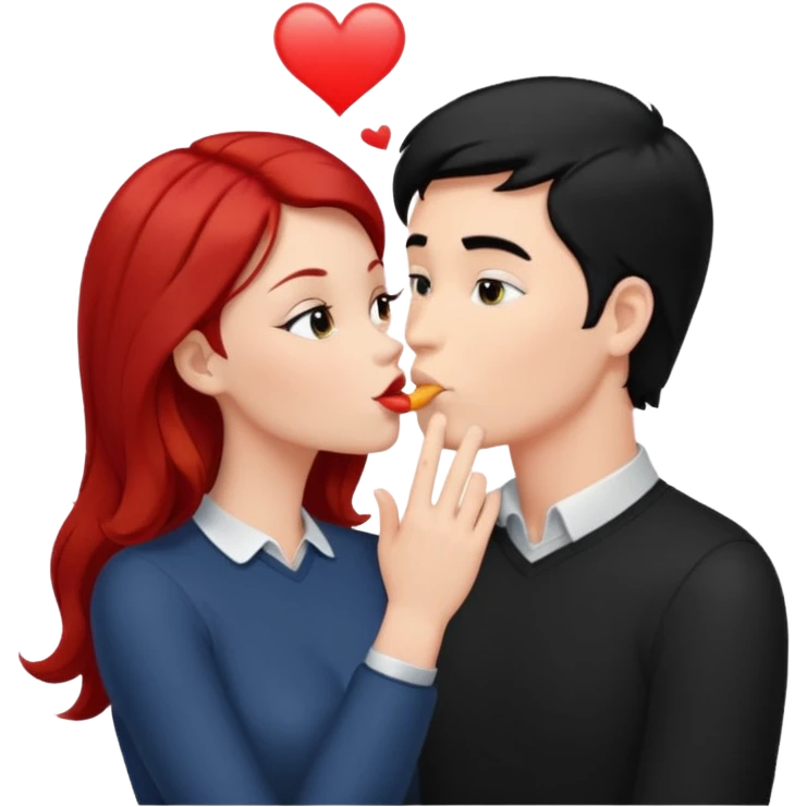 white man with black hair and redhead woman blowing eachother a kiss  emoji
