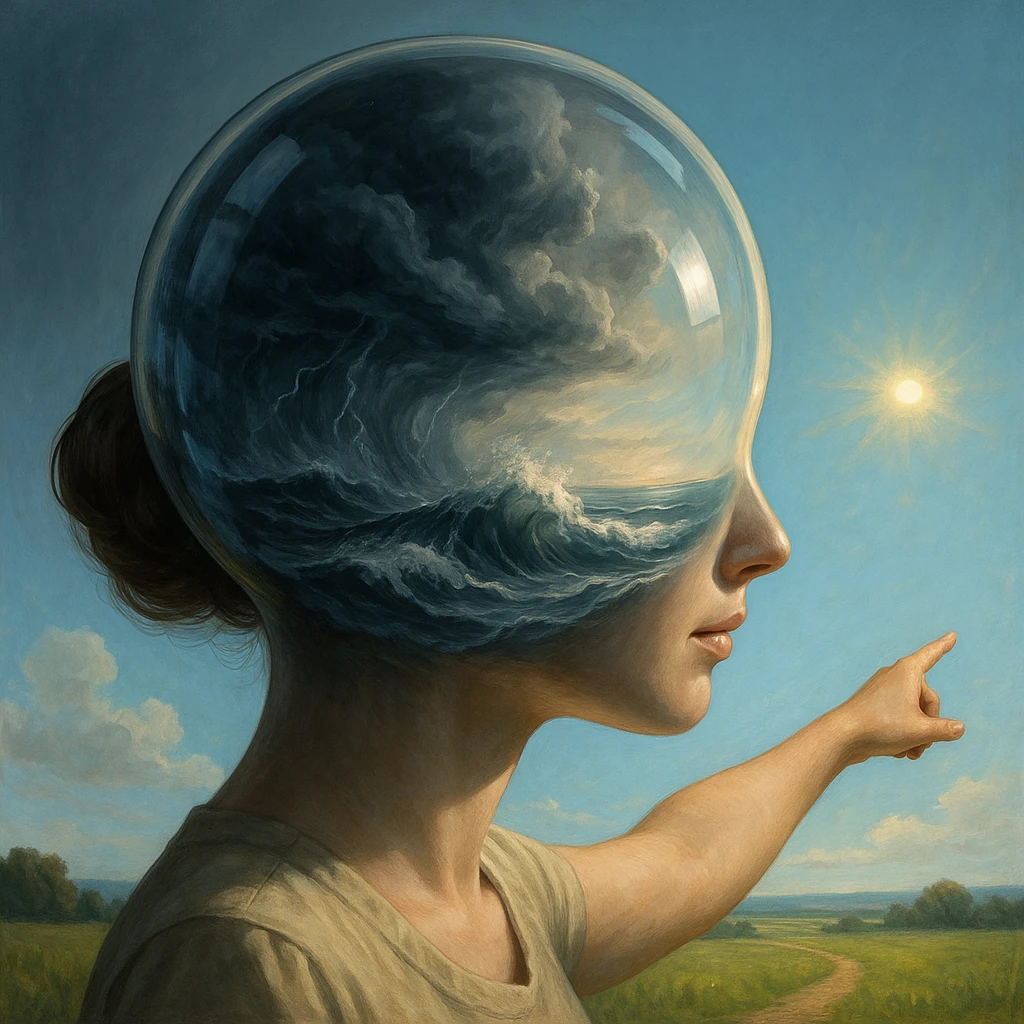 Surreal close-up of a woman's head as a glass globe, inside stormy memories play on loop, outside her body points to sunny present-day opportunities, hyperrealistic 4K, poetic and surreal atmosphere, strong contrast between inside and outside emoji