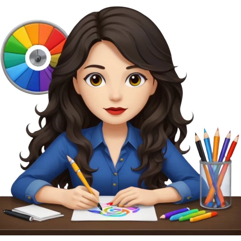 female dark wavy long hair graphic designer , color wheel, pens, papers , desktop emoji