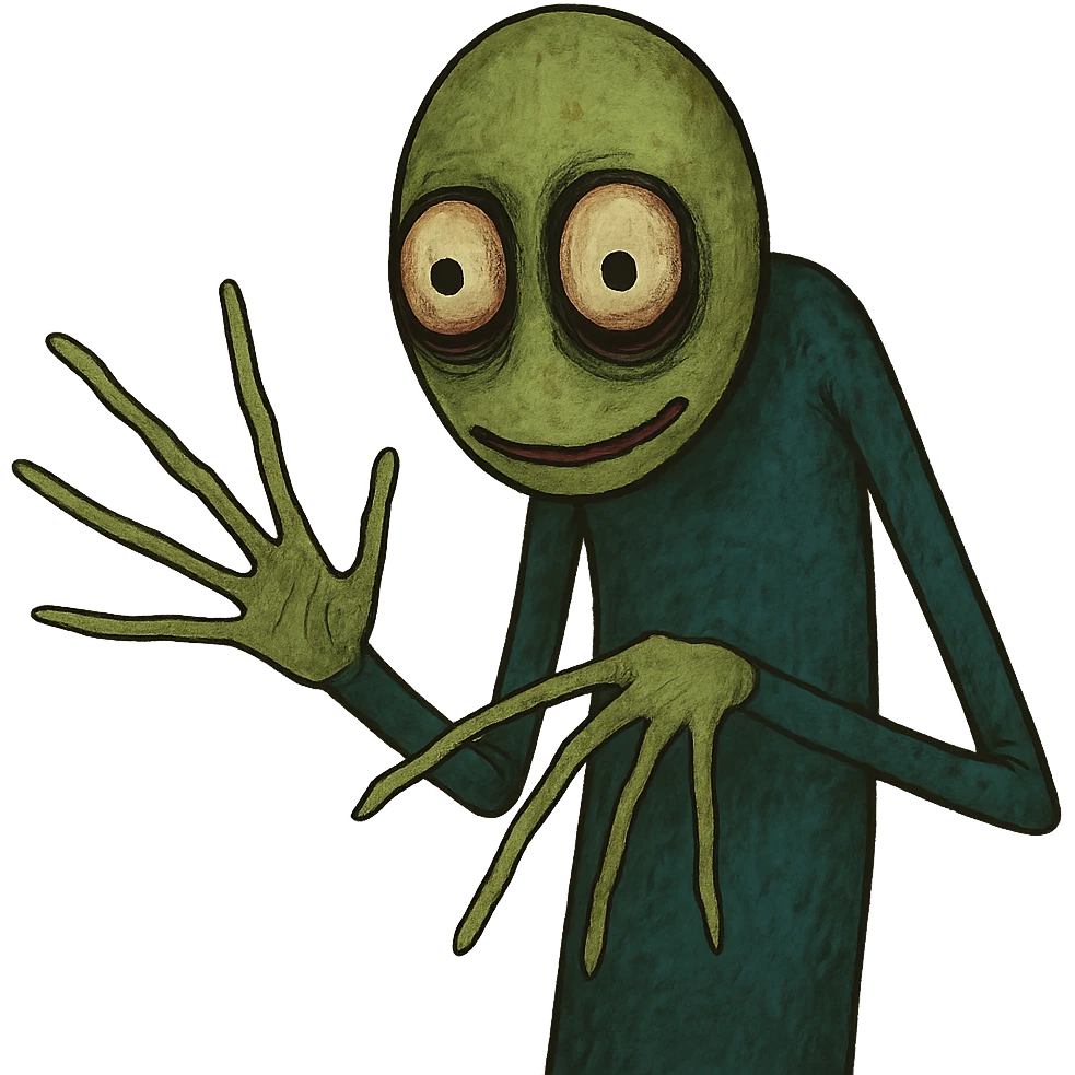 Salad Fingers character, unsettling and quirky, green skin, thin fingers, surreal style emoji