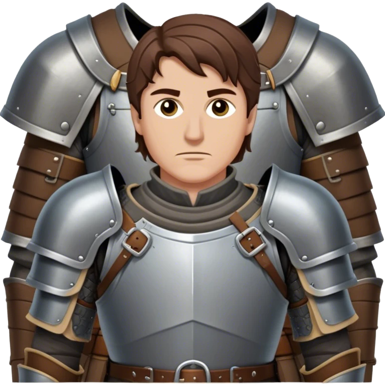 medieval battle armor worn by a DnD themed fantasy character. basic heavy plate cuirass over a padded gambeson with a high steel collar. armor only above the waist. The armor full waist. The character's haven't arms. character is brown hair brown eyes short straight hair white man. emoji