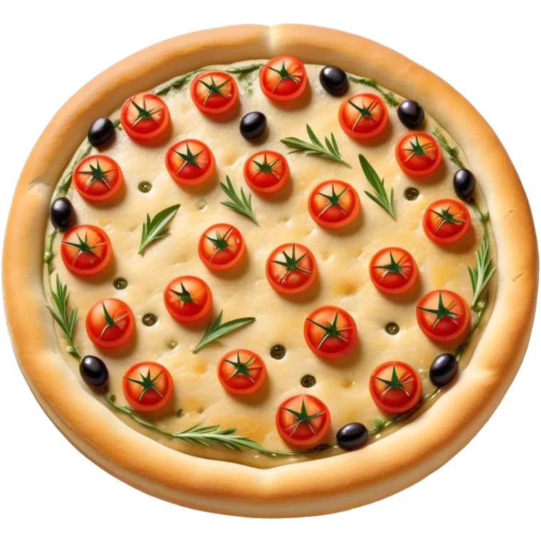 cinematic-realistic-focaccia-bread-dish-emoji,-depicted-as-a-golden,-olive-oil-brushed-flatbread-sprinkled-with-herbs-rendered-with-lifelike-texture-and-soft,-appetizing-lighting showing olives on top and the cherry tomatoes emoji