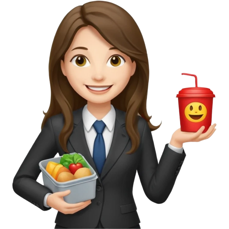 long haired woman with suit holding food container emoji