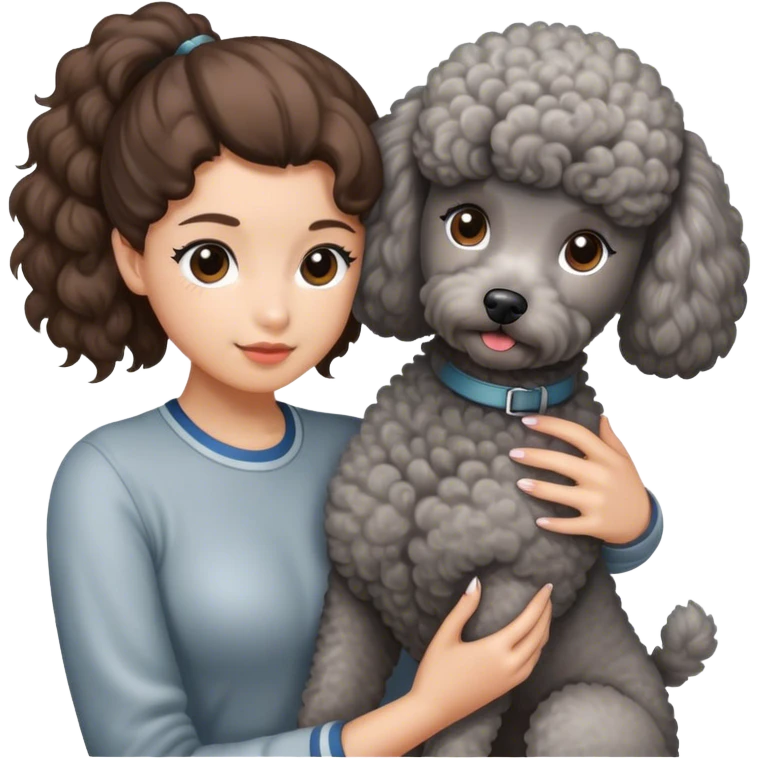 A girl with a brown ponytail holding a grey poodle emoji