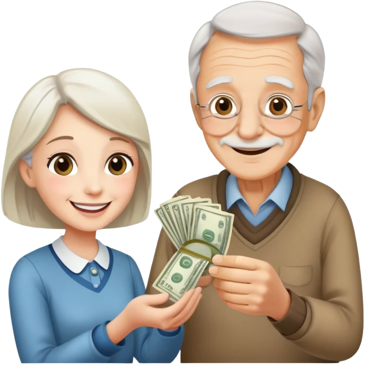 Kind elderly grandfather giving money to young adult woman who needs financial help, supportive family moment emoji