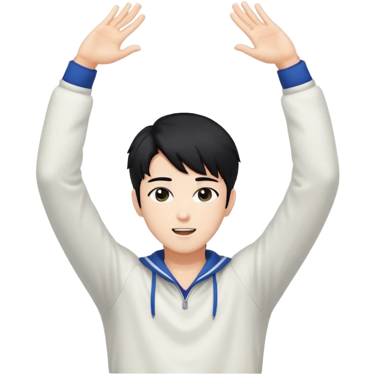 Black-haired male idol with arms raised above his head, K-pop style, energetic pose emoji