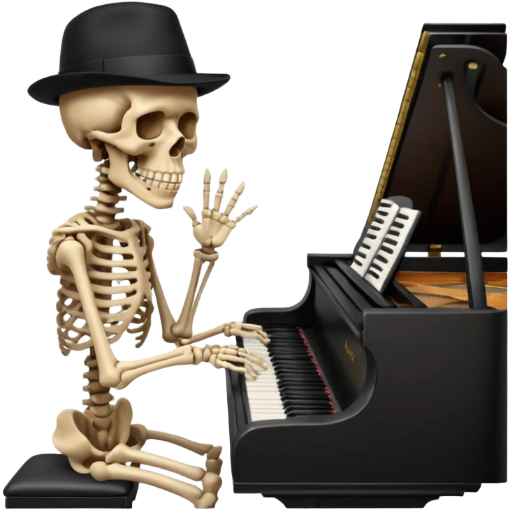 a human skeleton in anatomical proportion wears a black hat and plays the piano emoji