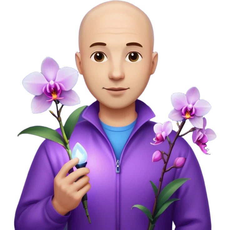 ստեղծիր մոտ 35 տարեկան քյաչալ տղամարդ, որի մի ձեռքին օրխիդեա ծաղիկ է իսկ մյուս ձեռքին լեդ լամպ emoji