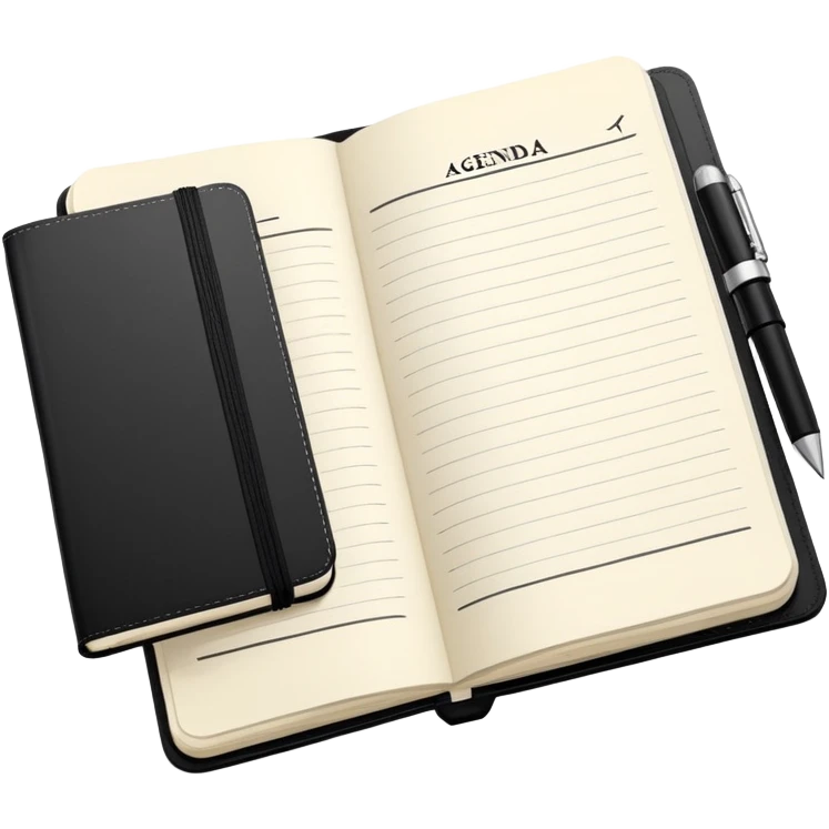 A classic black Moleskine notebook open to show an agenda page with meeting items and bullet points emoji