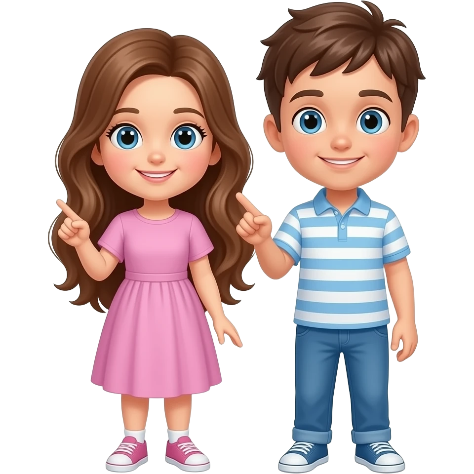 una niña i un niño señalando a un sitio detras de ellos son hermanos con ojos azules la niña tiene el pelo marron avellana i largo el cuerpo completo emoji