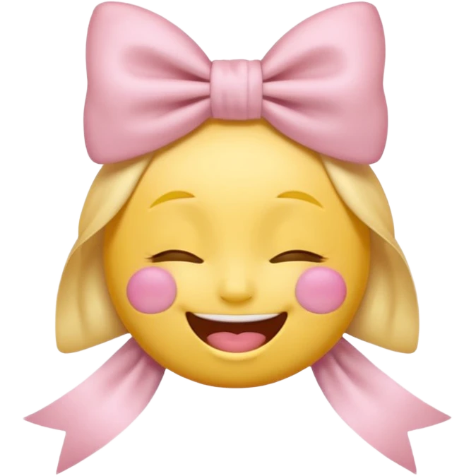 classic yellow laughing emoji with a very pretty pale pale pink bow no nose and closed eyes emoji