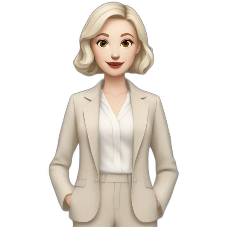 pale skin woman with ash blonde Straightened bob Hair, White Spacious classical jacket, beige palazzo Arrow pants and gray blouse holding a color palette in the hands emoji