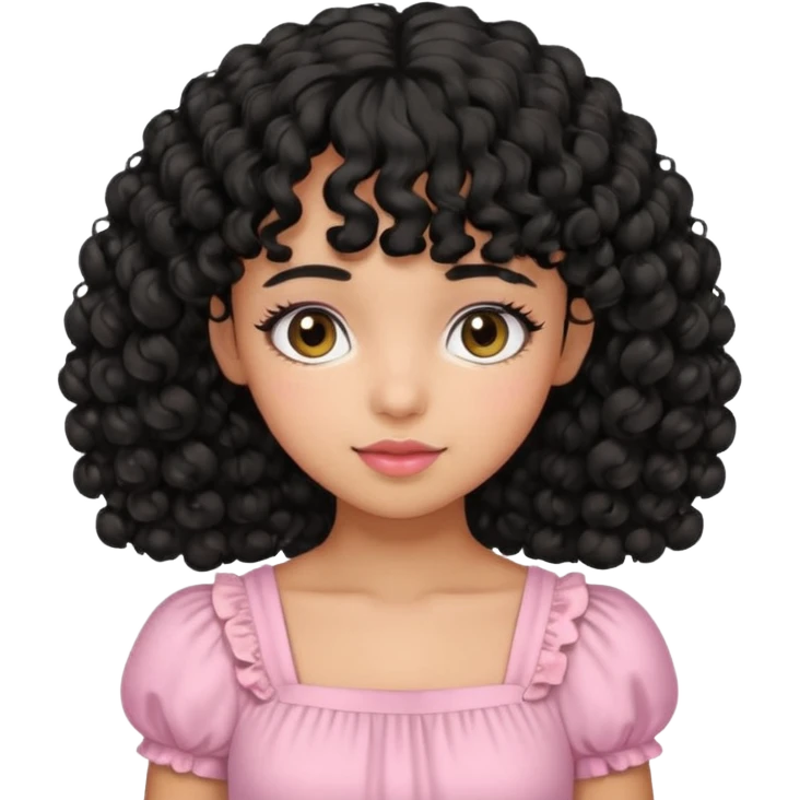 uma menina fofa de pele oliva e cabelos pretos encaracolados e com franja encaracolada e um vestido rosa pastel emoji